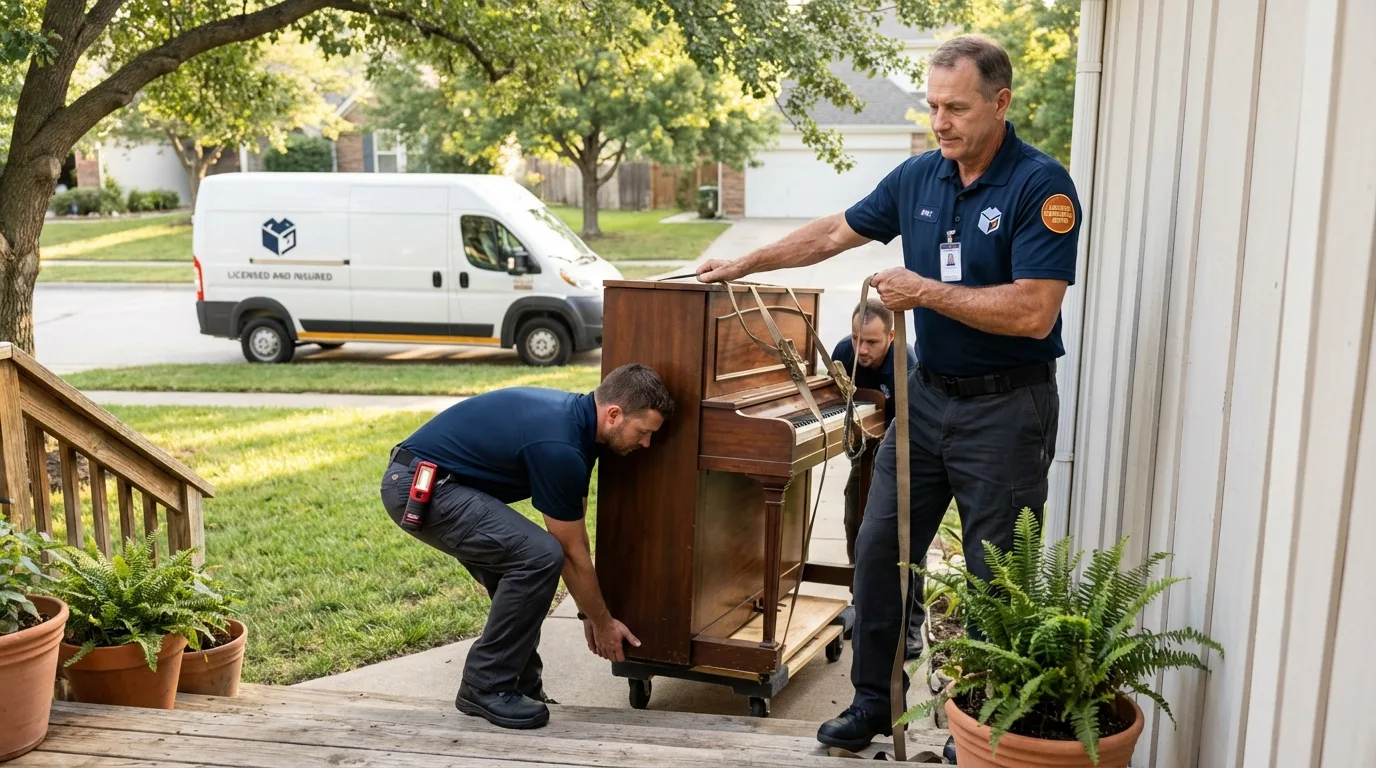 Licensed piano movers securing grand piano in Columbia, MS