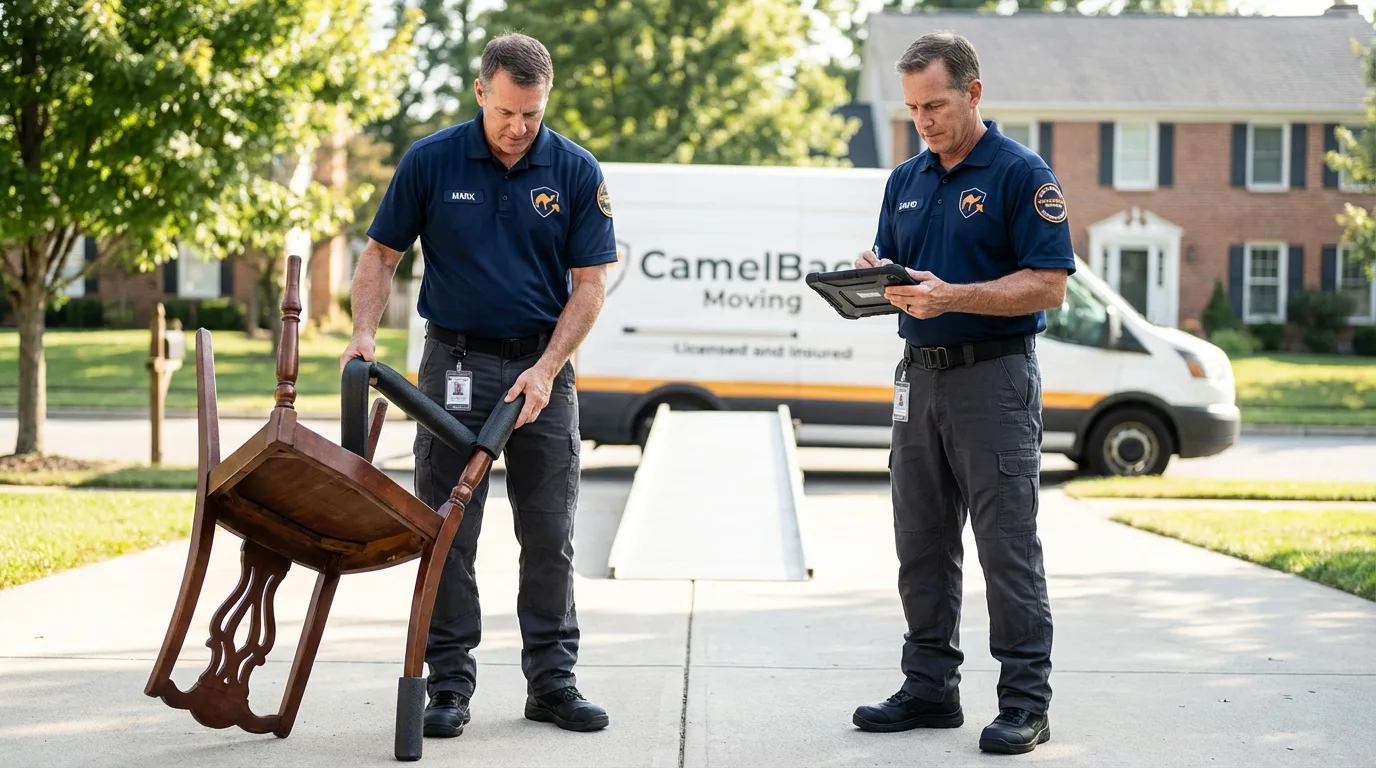 Movers inspecting furniture for damage prevention before loading in Columbia, MS