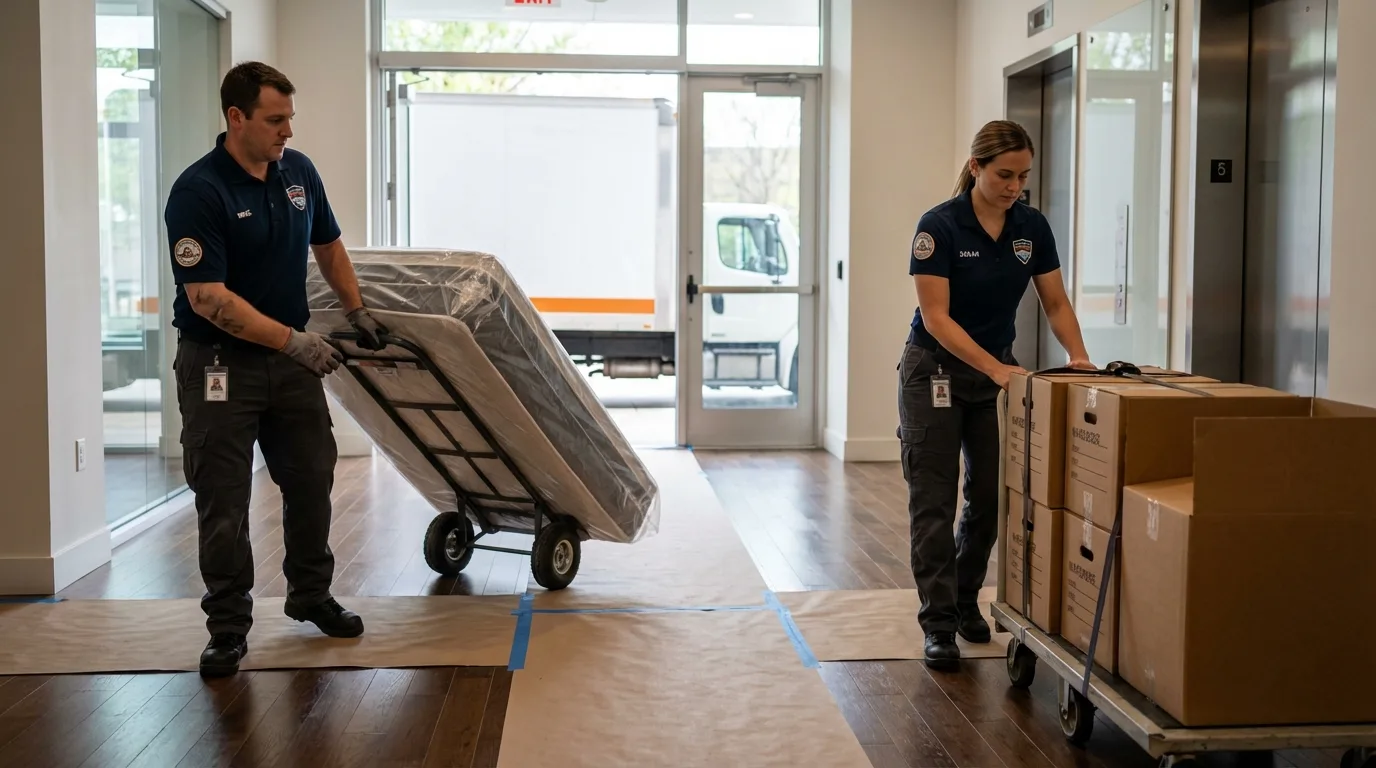 Professional apartment movers loading elevator in Columbia, MS